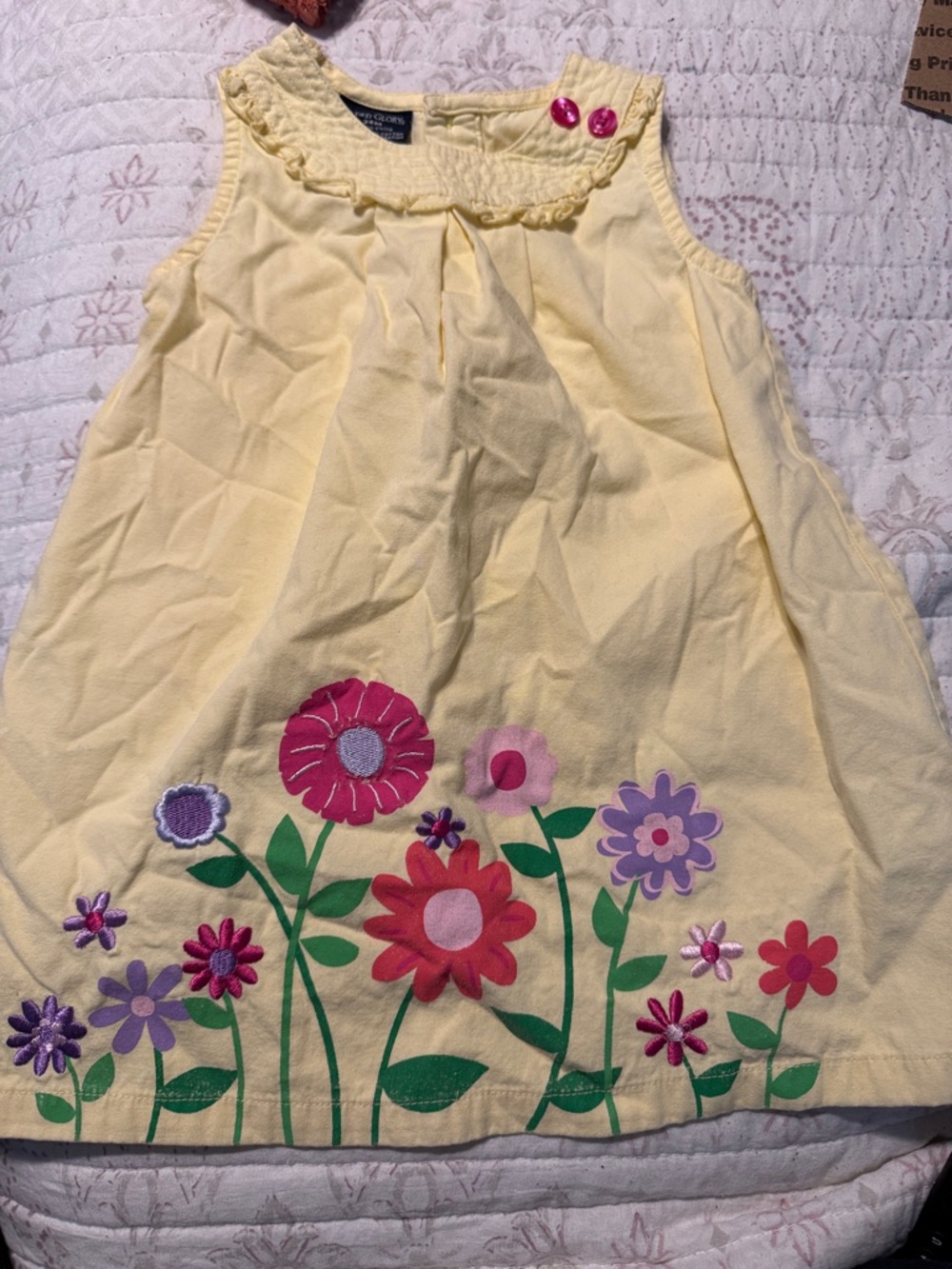 Faded Glory Yellow Floral Appliqué Tank Dress with Pink Buttons